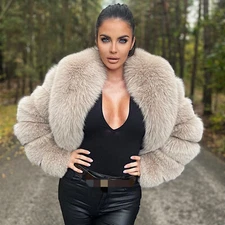 Women's Elegant Real Fox Fur Coat Shawl Collar Genuine Fur Short Winter Outwear