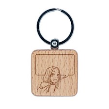 Happy Anime Manga Girl Empty Speech Text Bubble Engraved Wood Square Keychain