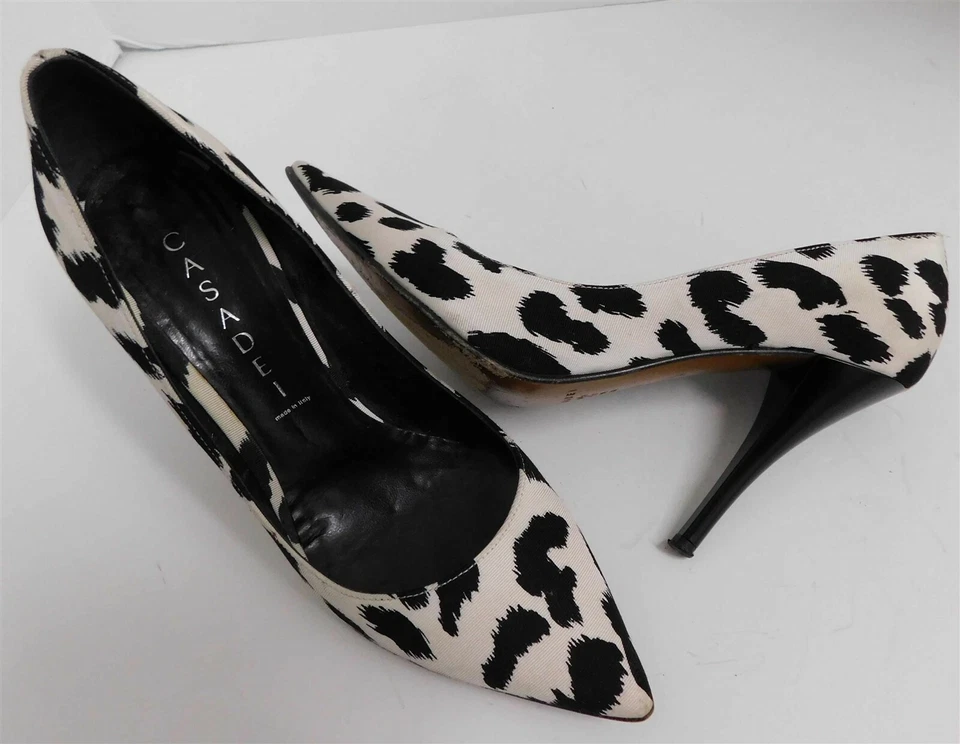 Zapatos de tacón alto Casadei negro blanco estampado animal lona Italia 6 M Foto 2 de 4
