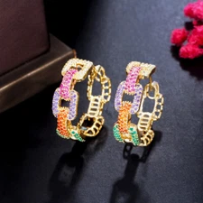 CZ Gold Plated Round Cuban Chain Link Hoop Earrings Rainbow Colorful Jewellery