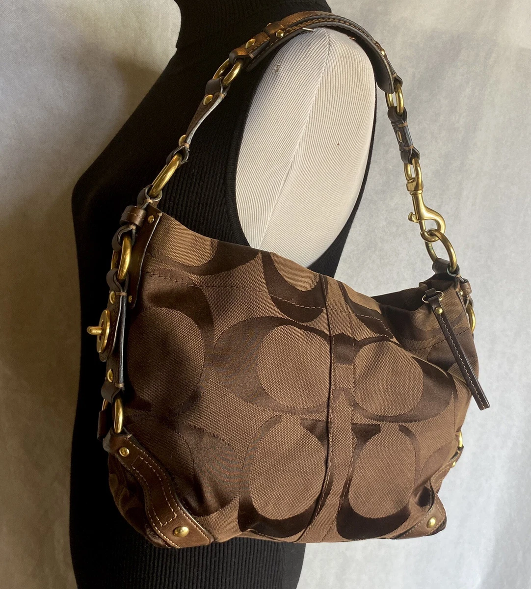 Vintage COACH SIGNATURE Brown Jacquard Canvas Leather Hobo Shoulder Bag  Purse