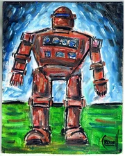 RED ROBOT 8x10 Wood retro mech art oil painting original signed CROWELL  