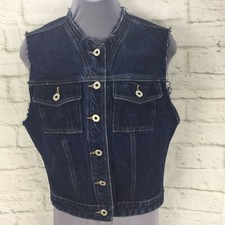 Vntg Guess Sleeveless Denim Vest Womans button front Blue M Destroyed Festival