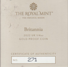Royal Mint Britannia 2022 UK 1/4 Oz Gold Proof Coin COA ONlY NO. 271