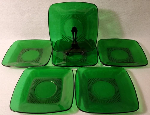 Vintage Anchor Hocking Forest Green Charm Saucers 5 3/8" Set of 6