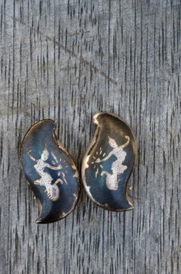 Siam Sterling Silver Niello Thai Dancer Earrings Flame Shape Vintage Mid Century