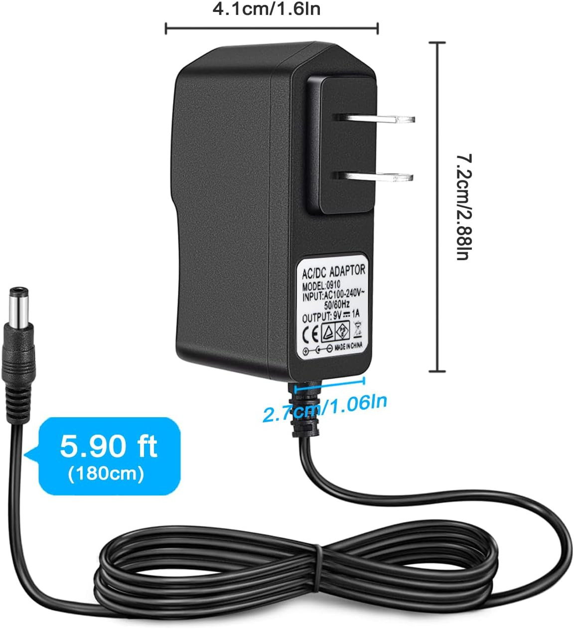 Guitar Effect Pedal Power Supply Adapter,Ac DC 9V Power Cord Fit for 9V1A Guitar