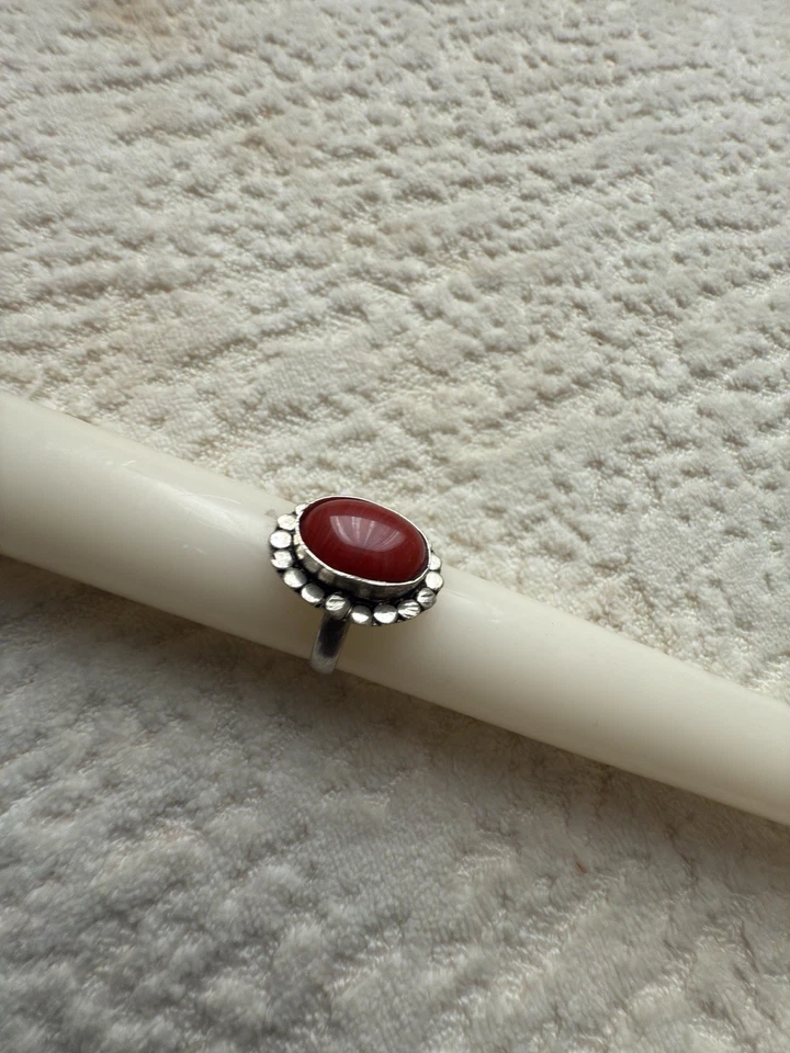 925 Пробы винтажный красный коралл драгоценный камень кольцо размер 6,5 - Изображение 3 из 4