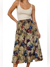 Vintage Alfred Dunner Tropical Hibiscus Elastic Waist Midi Skirt Size Medium