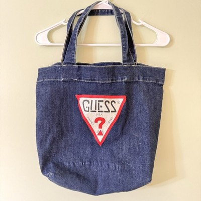 GUESS Denim Tote Bag Blue Logo Shoulder Bag Canvas Shopper Y2K Style Retro