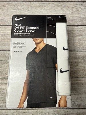 NIKE DRI-FIT ESSENTIAL COTTON STRETCH SLIM V-NECK WHITE UNDERSHIRT 2 PACK LARGE