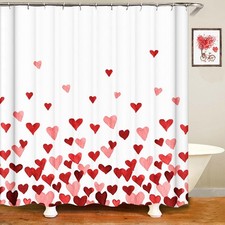 Valentines Shower Curtain Watercolor Red Heart Waterproof Bathroom Decoration