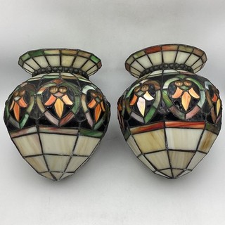 Pair of Vintage Stained Glass Ceiling Pendant Light Shades (E1) NS#8668