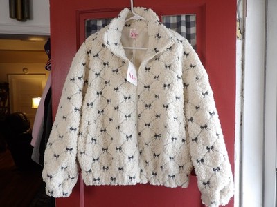 So Me Women's Cream Zip Front Black Bow Detail Long Sleeve Jacket Size M NWT