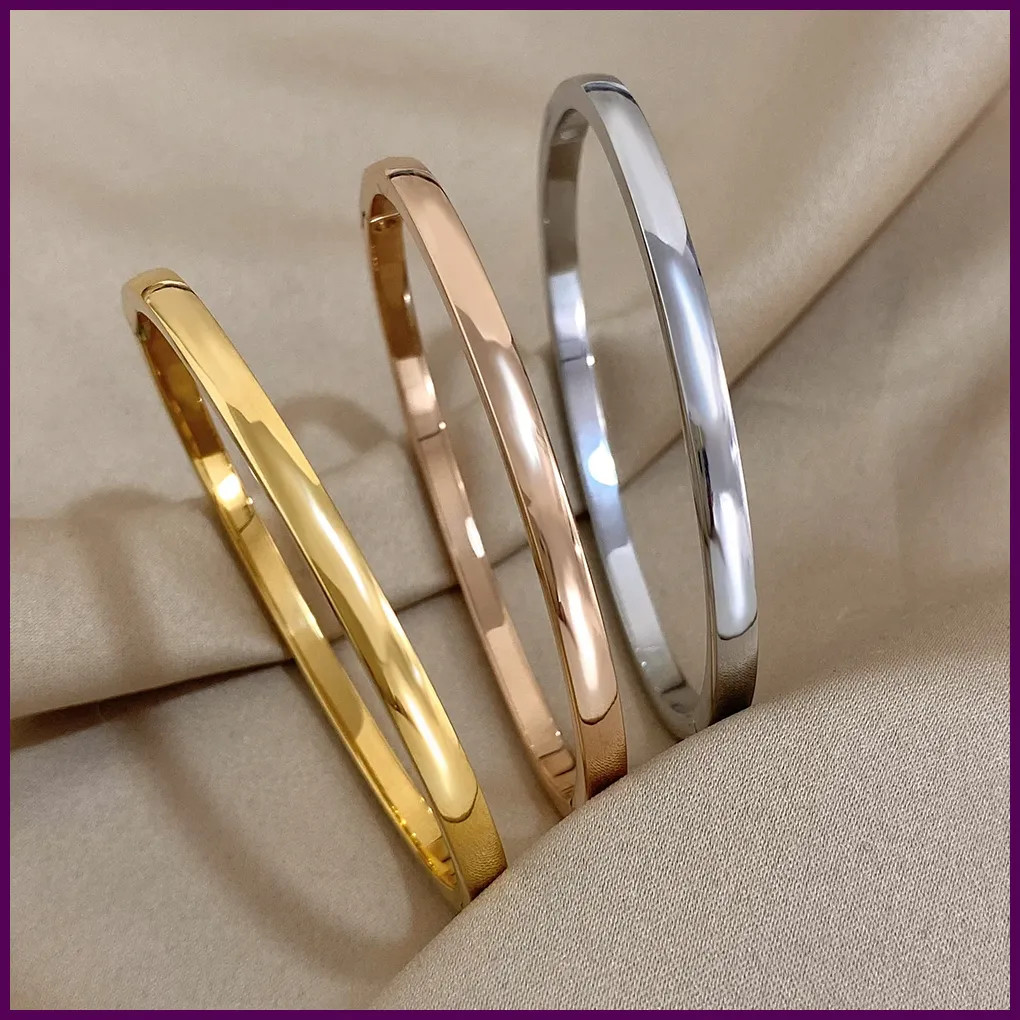 Pulseras sencillas y lisas de acero inoxidable para mujer, modernas, chapadas en