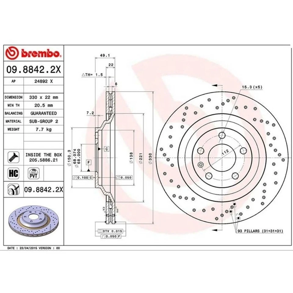 Rotor de freno de disco Brembo 09.8842.2X para 05-11 Audi A6 A6 Quattro S6 Foto 3 de 4