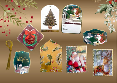 4x Luxus Weihnachten Geschenkanhänger verschiedene Verpackungsetiketten Weihnachtsgeschenk Folienanhänger