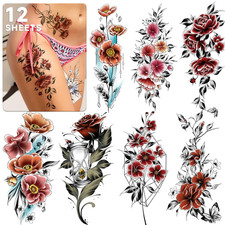 Half Arm Colorful Flower Fake Tattoos, 12 Sheets Large Temporary Tattoos Sticker