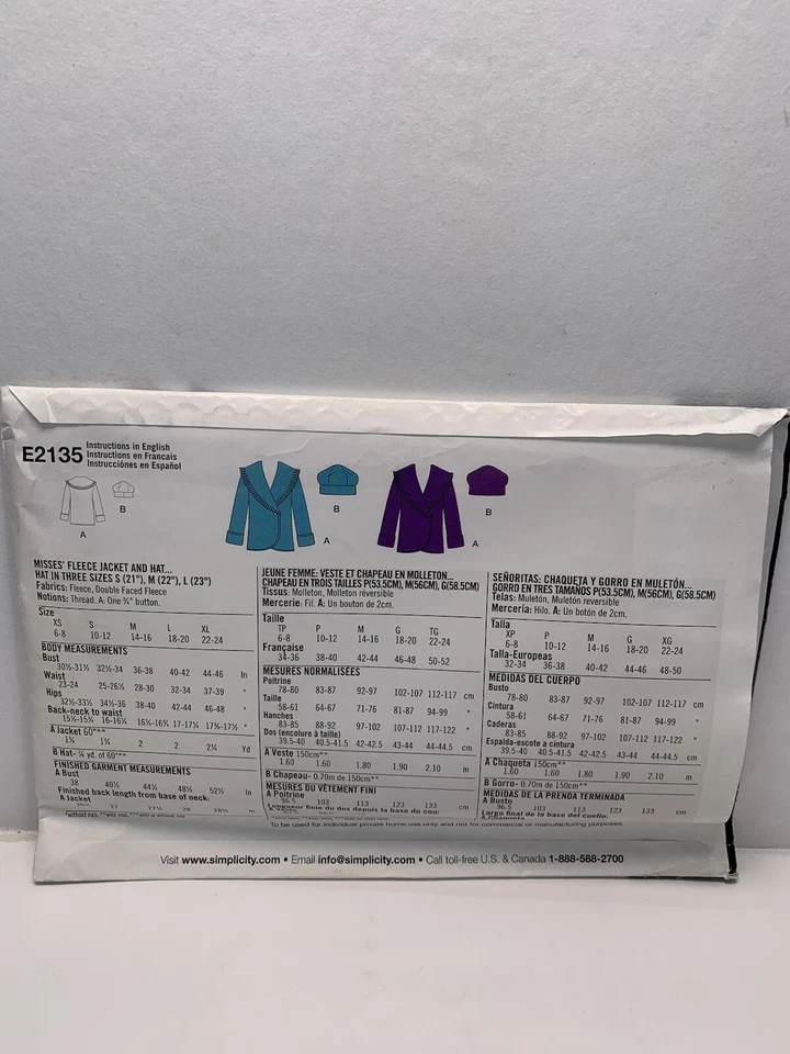 Simplicity 2135 Misses Fleece Jacket and Hat Pattern XS-XL 6-24 *Uncut* - Image 2 of 3