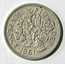 1961 UK Great Britain Lucky Coin 6 pence Tudor Rose Shamrock Thistle Leek Floral