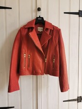 Reiss Maya Lambs Leather Jacket Biker Style Burnt Orange Red Size L