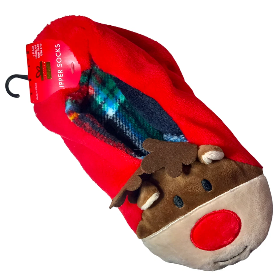 Reindeer Slipper Socks Red Size 6-8 Women Ladies Tartan Soft Polyester Flat Shoe - Image 2 of 4