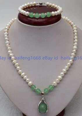 Natürlich 7-8mm Weiß Perle &Grün Jade Rund Perlen Anhänger Halskette Armband - Bild 1 von 4