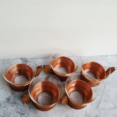 Schott & Gen Jena Glass Tea Cups Teak Brass Copper Holders Schott & Gen Jena Glass Tea Cups Teak Brass Copper Holders