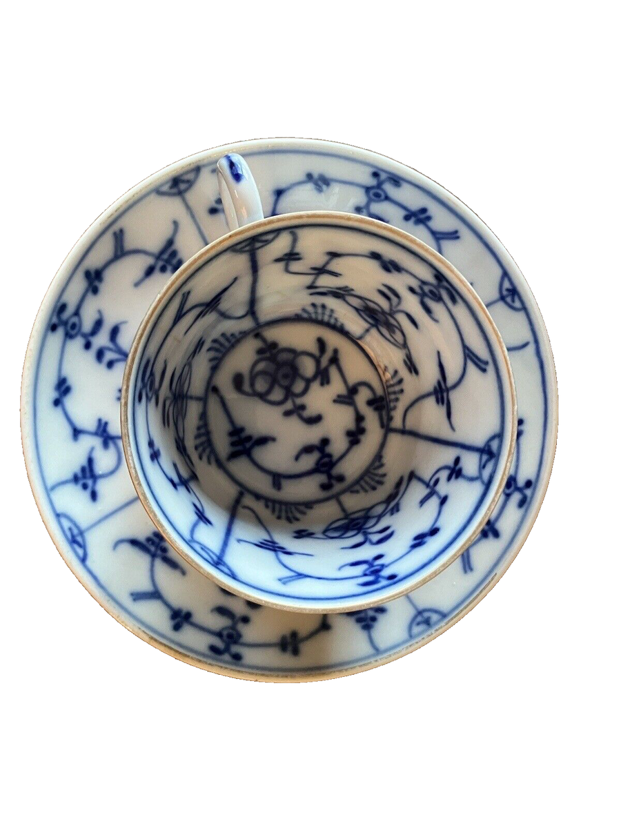 Antique Blue & White Porcelain Tea Cup Saucer T & Lion mark