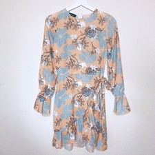 PARISIAN Faux Wrap Skirt Long Sleeve Ruffle Trim Orange and Blue Floral Dress 2