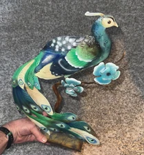 Colorful Metal Peacock-Handcrafted MulticolorFloral Decor 17 x 14"on Wooden Base