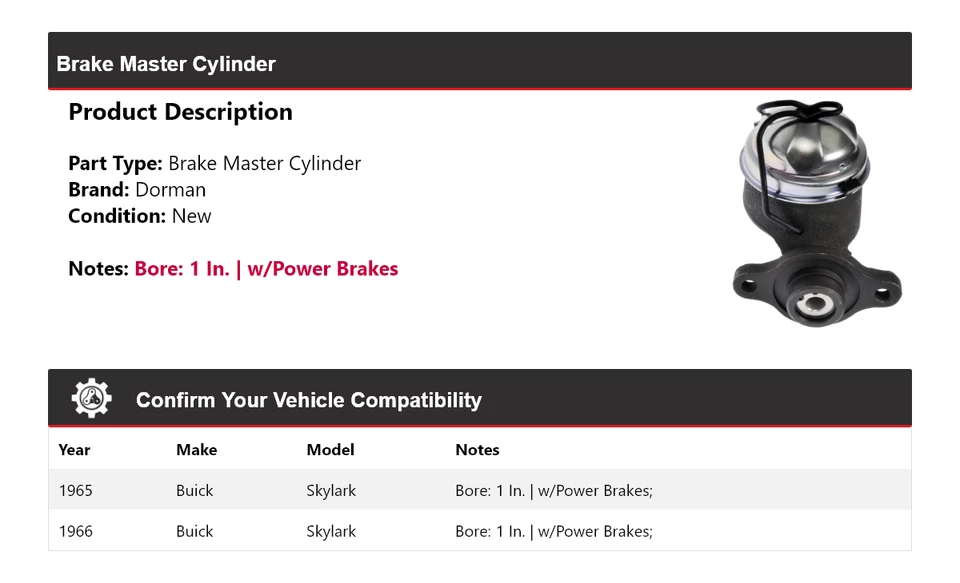 Cilindro maestro de freno Buick Skylark Dorman 1965-1966 Foto 2 de 4