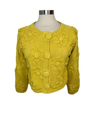 VTG Michael Simon Cardigan Chunky Knit Daisy Floral Buttons OS Cropped Granny