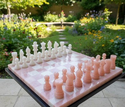 Luxury Handmade Rose Quartz Chess Set   Pink Crystal Stone Board & Pieces
