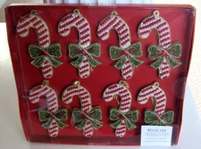 BELLA LUX Beaded Candy Cane w/ Bow Christmas Holiday Ornaments SET OF 8 NEW BOX