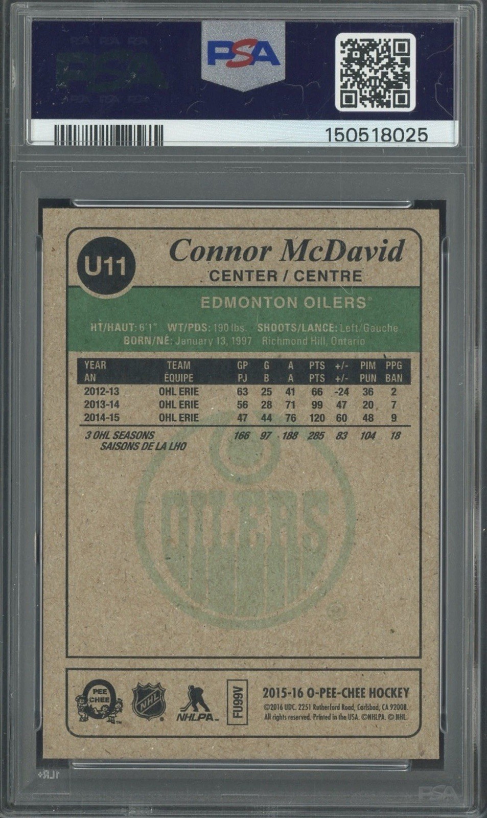 Upper Deck 2015-16 O-Pee-Chee Update Connor McDavid Retro #U11 RC PSA 10 view 2