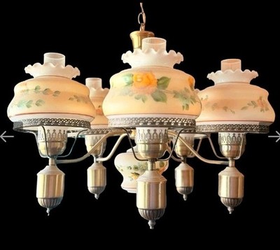 GONE W THE WIND  ️YELLOW ROSE 5 GLOBE HURRICANEGLASS VICTORIAN MCM CHANDELIER 