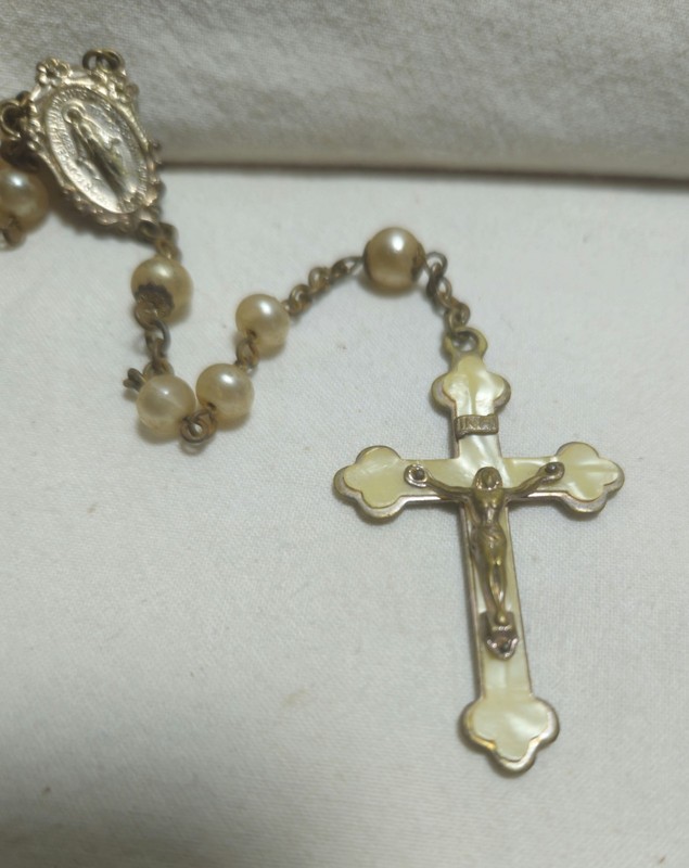 Antique Miraculous Metal Rosary w/ Mother of Pearl & Brass Crucifix