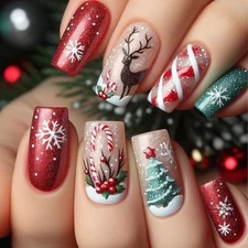 Christmas Press on Nails Medium Square Christmas Trees Fake Nail Snowflake Elk
