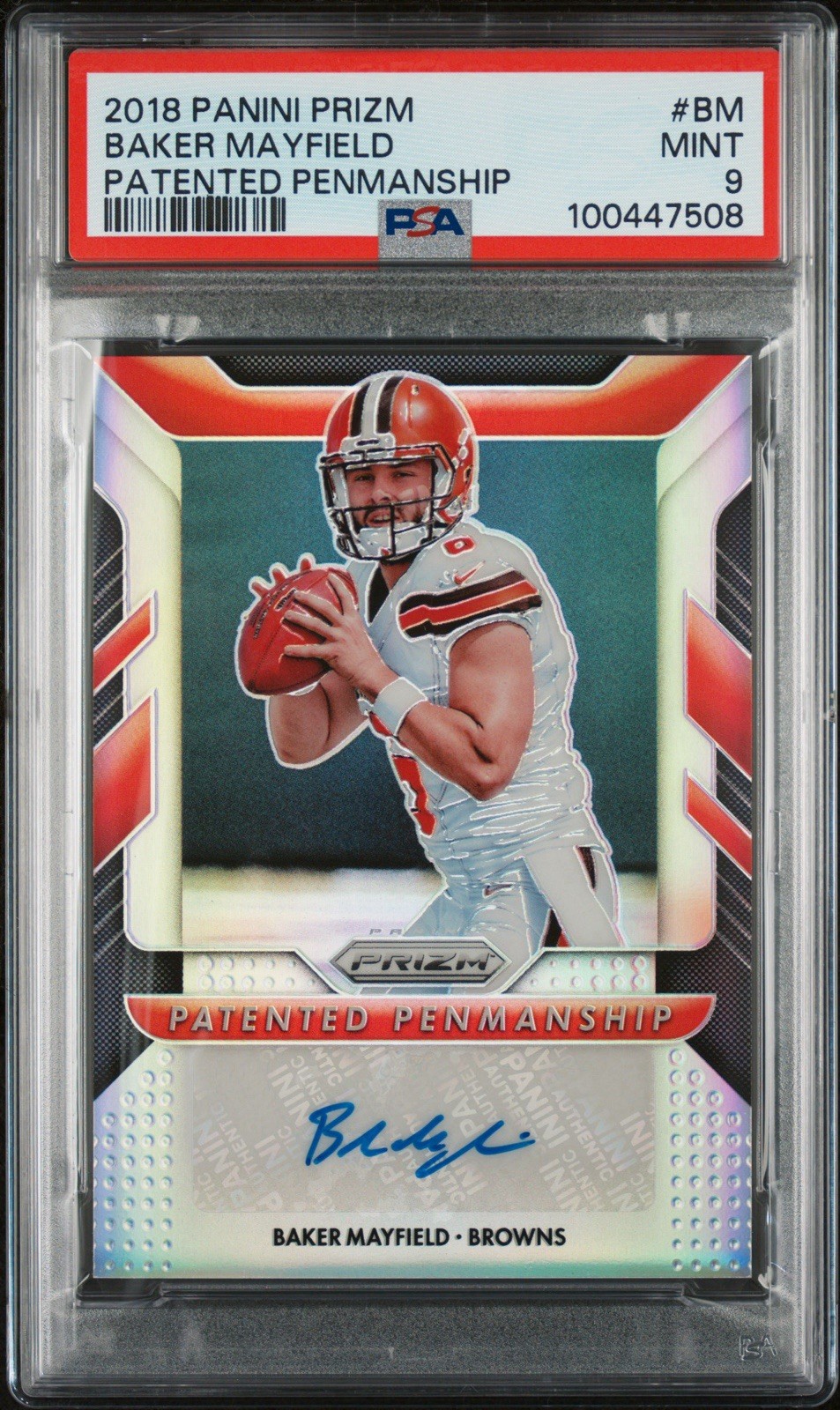 BAKER MAYFIELD 2018 PANINI PRIZM PATENTED PENMANSHIP ROOKIE AUTO /25 PSA 9 RC SP
