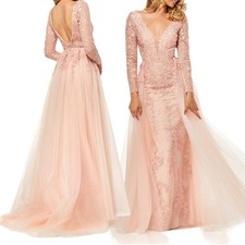 Sherri Hill Long sleeve lace gown tulle skirt Light Blush Pink Size 12 $698 NEW