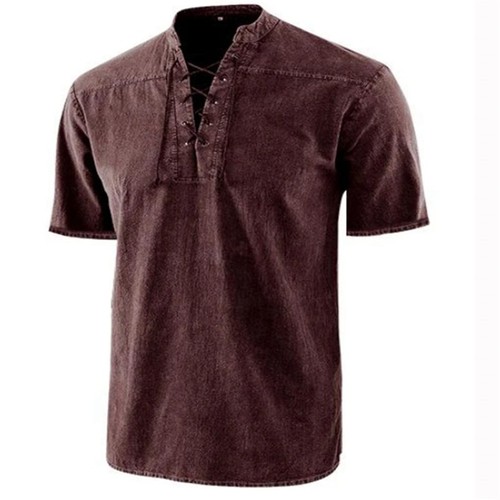Camisas musculosas lisas para hombre manga corta informales cuello en V camisas camisa con cordones blusa - Imagen 14 de 17