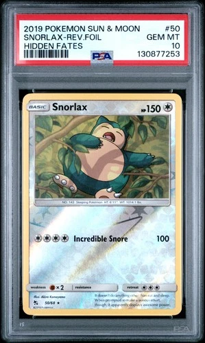 2019 POKEMON SUN & MOON HIDDEN FATES #50 SNORLAX-REVERSE FOIL PSA 10