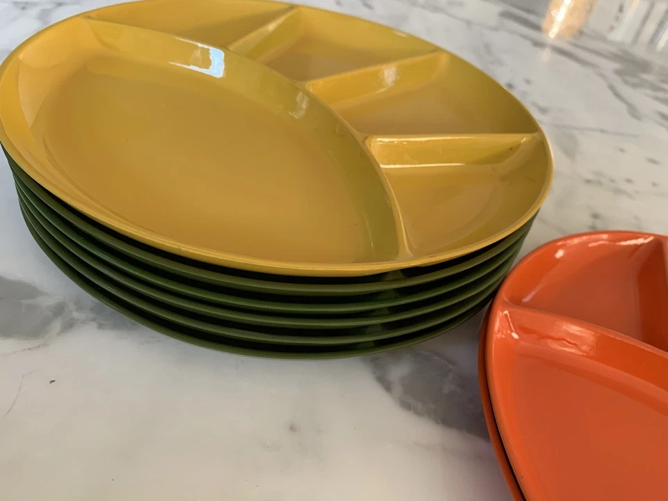 "Lote de 8 platos de merienda de fiesta de fondue divididos de melamina MCM de colección de 9,25"" de diámetro" Foto 2 de 4