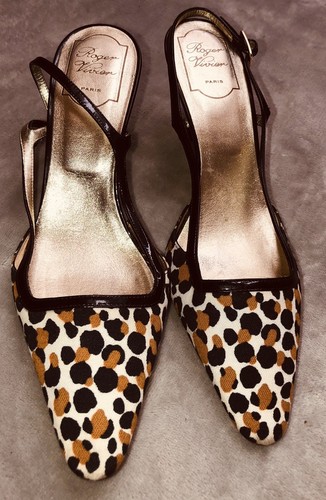Roger Vivier Slingback Pumps 9 Black Abstract Dot Animal Print Canvas Italy 39 - Picture 3 of 11