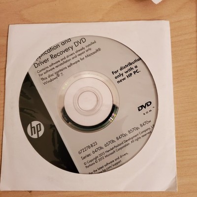 HP App & Driver Recovery DVD Windows 7 6470b 6570b 8470p 8570p 8470w  672278-B23