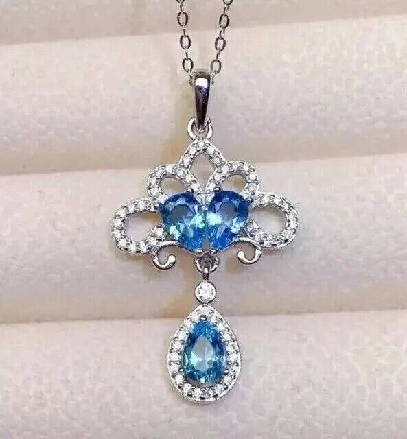 3Ct Pear Cut Simulated Blue Topaz Women's Pendant Chain In 14k White Gold Plated - Image 2 of 4