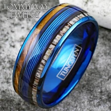 Blue Tungsten Men's Ring Blue Fishing Line-Whiskey Barrel & Deer Antler Band