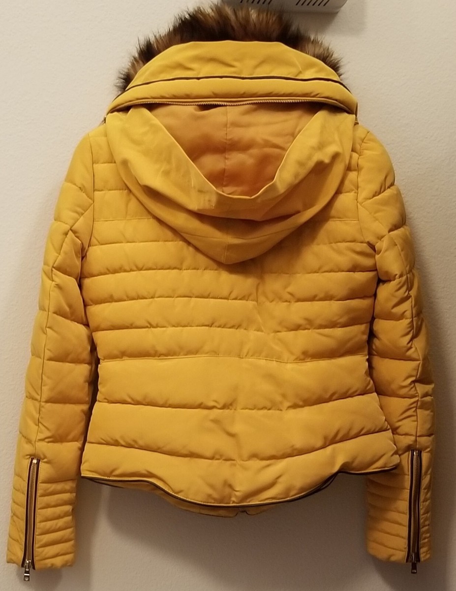 Zara Basic Jacket Women's Puffer Coat Hood Fur Collar Full Zip-S
