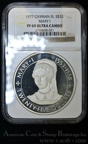 Cayman Islands $25 Dollars 1977 PR69 UCAM NGC silver KM#16 Mary I FINEST
